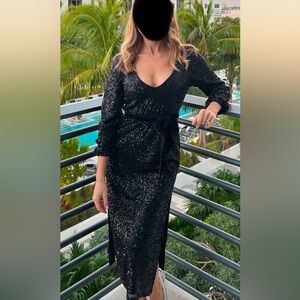 Betsey Johnson check sequin black dress S with velvet belt